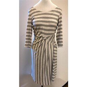 Athleta grey striped asymmetric pullover dress with 3/4 sleeves and wrap skirt